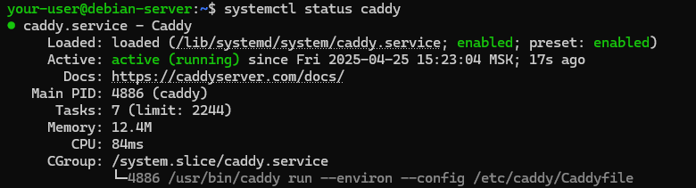 Вывод состояния службы Caddy - Установка веб-сервера Caddy