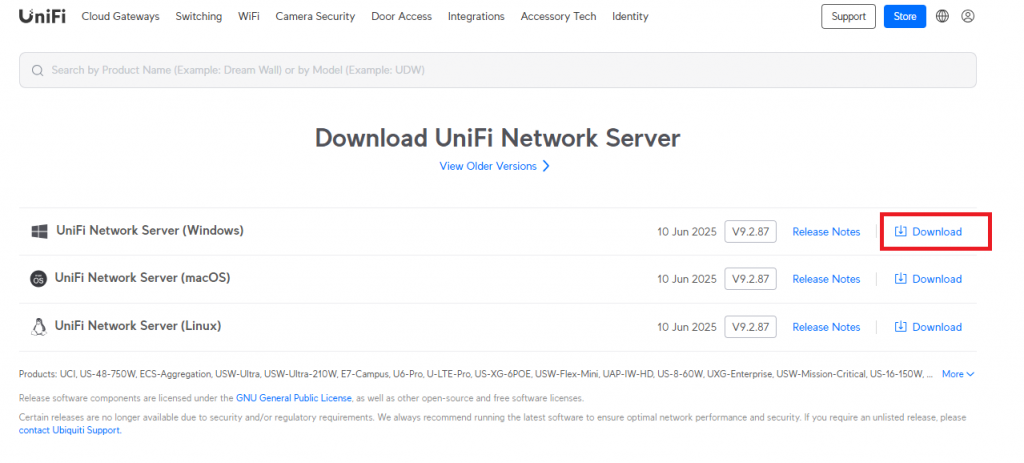 Страница загрузок UniFi - Как установить UniFi на Windows