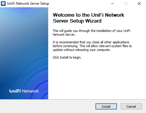 Стартовое окно мастера установки UniFi Network Server