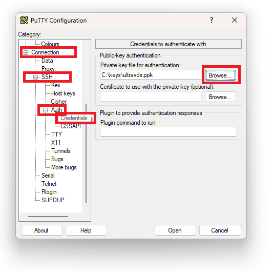 Выбор файла приватного ключа в PuTTY