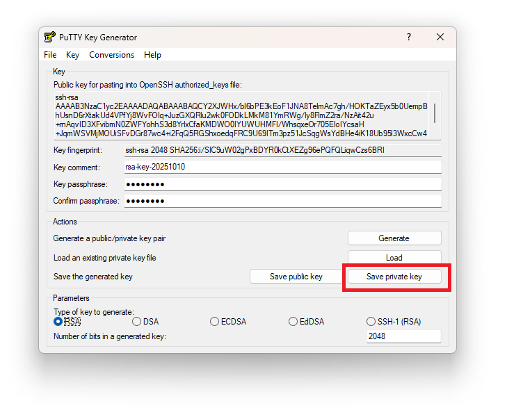 Сохранение приватного ключа при создании SSH-ключей в PuTTY