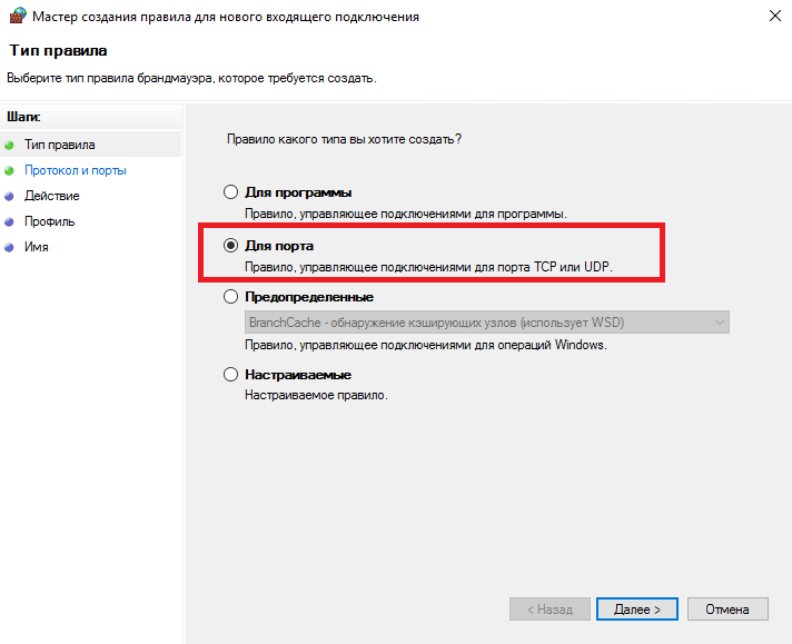 Выбор типа правила - Как развернуть MinIO на Windows Server