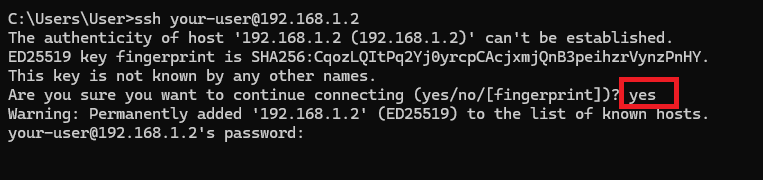 Введите yes для добавления ключа сервера в файл known_hosts