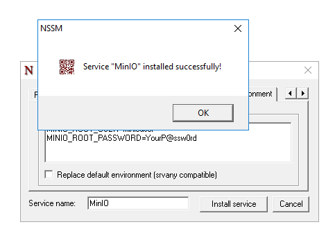 Успешная установка службы MinIO в NSSM