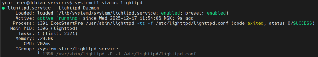 Вывод текущего состояния службы lighttpd
