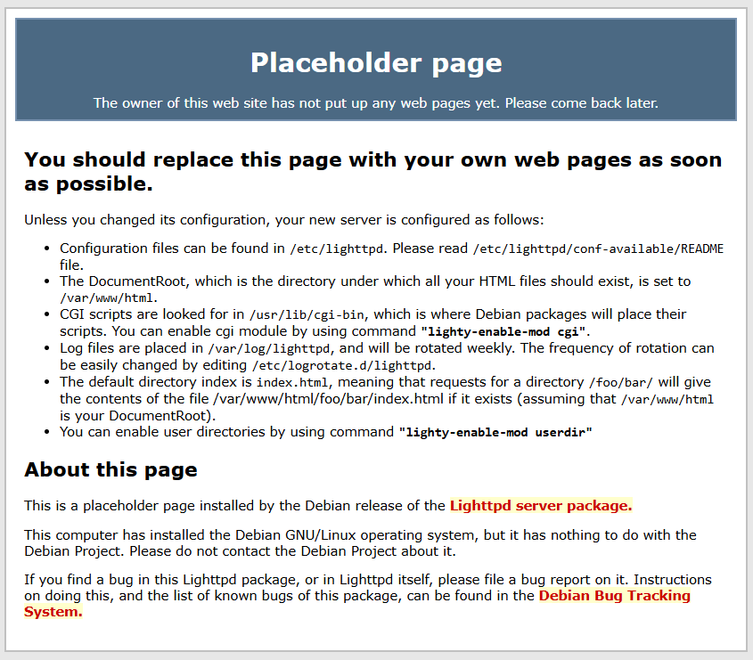 Вывод стандартной страницы заглушки Lighttpd – Placeholder page